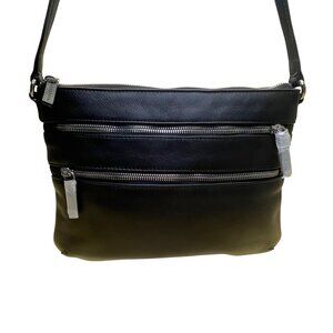 Levenger Women’s Black Leather Adjustable Strap Organizer Multi-Zipper Crossbody